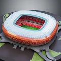 Detailed Stadium Model With Orange White Exterior Red Seats And Green Lawn