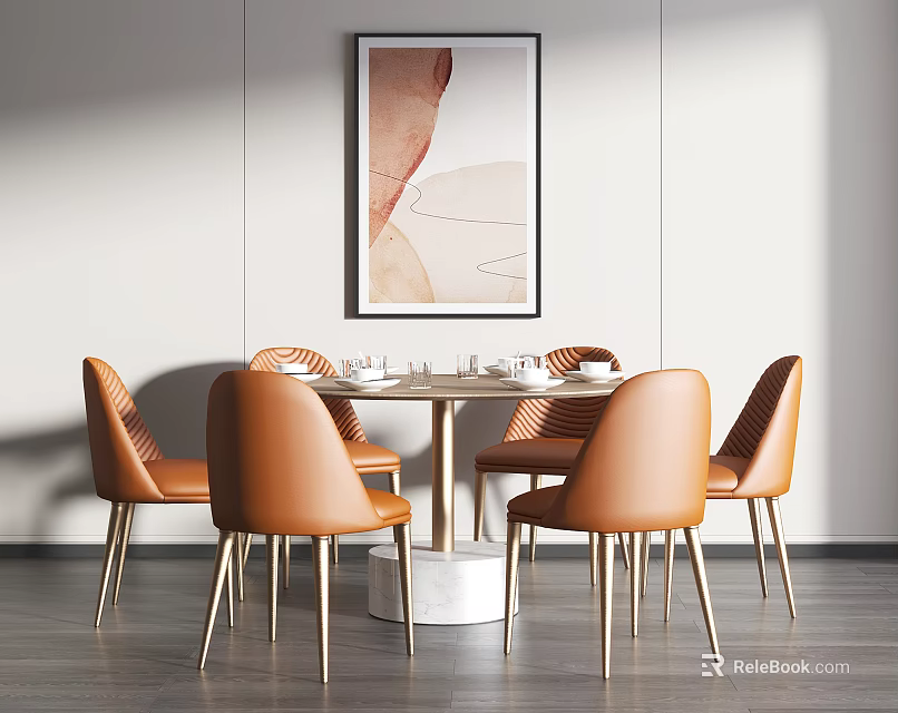 Modern Dining Table Set With Round Top Marble Base Orange Chairs And Wall Artwork 3d model