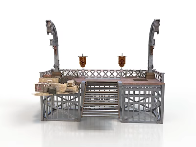 Classical Architectural Platform Model With Arched Supports Staircase Railing And Decorative Candelabra 3d model