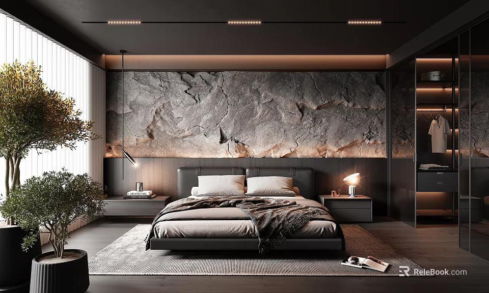 Sleek Modern Bedroom With Stone Accent Wall Bed Nightstands Lamps And Area Rug 3d model 