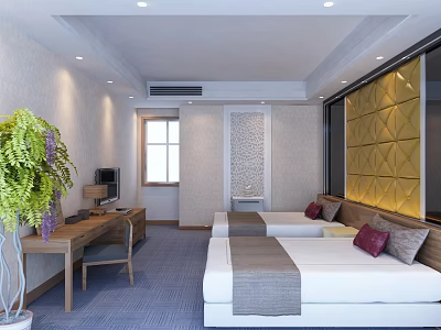 Hotel Guest Room With Twin Beds Yellow Geometric Accent Wall Blue Carpet TV Desk Plant 3d model