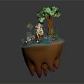 Colorful Cartoon Scene Of Floating Island With Green Tree Small Animals And Flowers