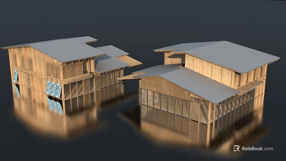 Modern Wooden Office Building With Waterfront Reflection Featuring Multiple Sloped Roofs 3d model 