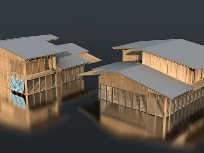 Modern Wooden Office Building With Waterfront Reflection Featuring Multiple Sloped Roofs 3d model