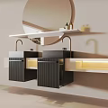Modern Bathroom Vanity With Double Black Sinks Round Mirror And Lighting Strip