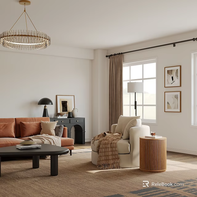Wooden Side Table Next to Beige Armchair with Cup in Living Room Featuring Orange Sofa 3d model 