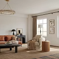 Wooden Side Table Next to Beige Armchair with Cup in Living Room Featuring Orange Sofa