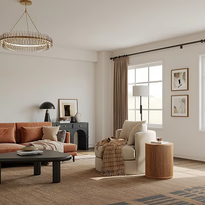 Wooden Side Table Next to Beige Armchair with Cup in Living Room Featuring Orange Sofa 3d model