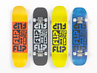 Colorful Skateboards With FLIP Graphics In Yellow Black And Blue Designs 3d model