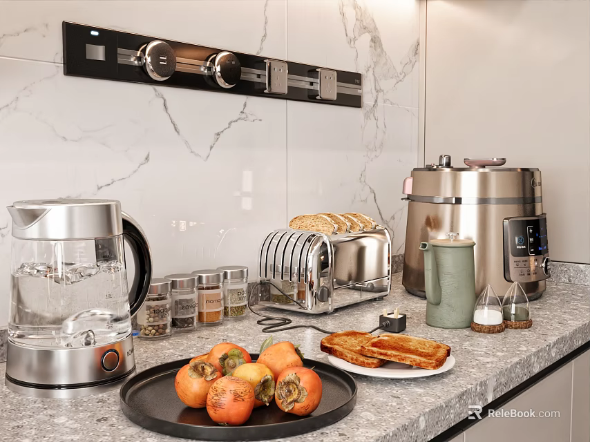 Stylish Modern Kitchen Countertop With Silver Appliances Fruit Platter And Spice Jars 3d model 
