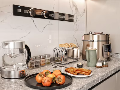 Stylish Modern Kitchen Countertop With Silver Appliances Fruit Platter And Spice Jars 3d model