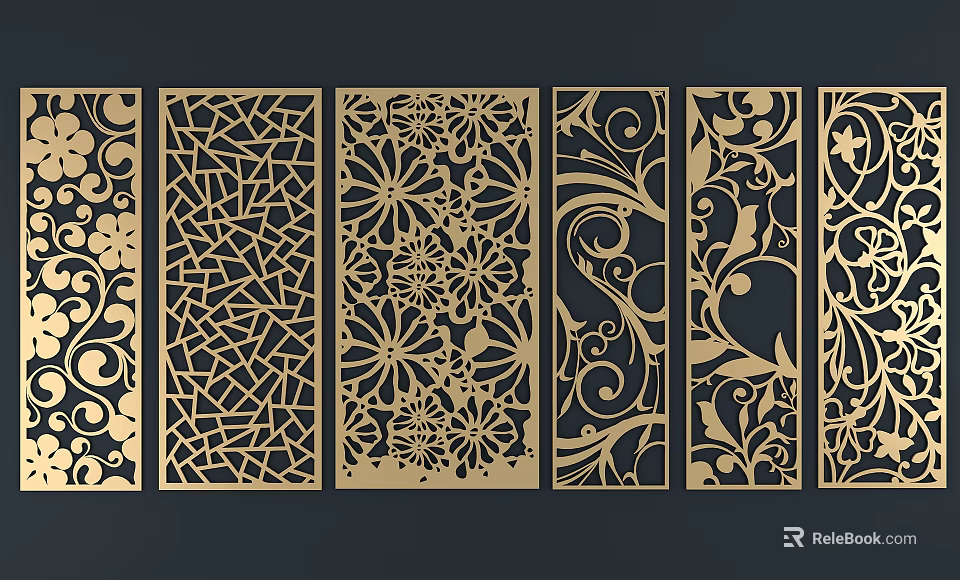 Golden Laser Cut Room Dividers With Floral Geometric And Scrollwork Decorative Patterns 3d model 