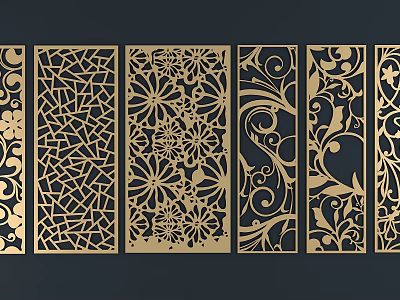Golden Laser Cut Room Dividers With Floral Geometric And Scrollwork Decorative Patterns 3d model