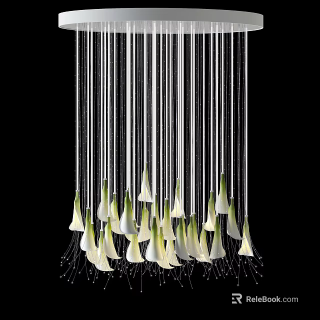 Modern Decorative Chandelier with Hanging Threads and Flower Shaped White Green Gradient Lights 3d model 