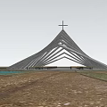 Spiritual Religious Sacred Space With Modern Triangular Concrete Structure And Neatly Arranged Benches