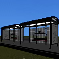Modern Urban Bus Stop Shelter With Red Seats And Green Trees