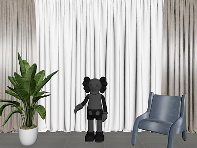 White Curtains in Room with Green Plant Doll and Chair 3d model