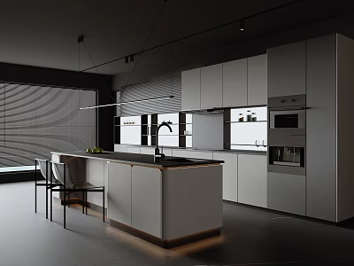 Modern Open Kitchen Interior Design With Island Counter Cabinets And Appliances 3d model