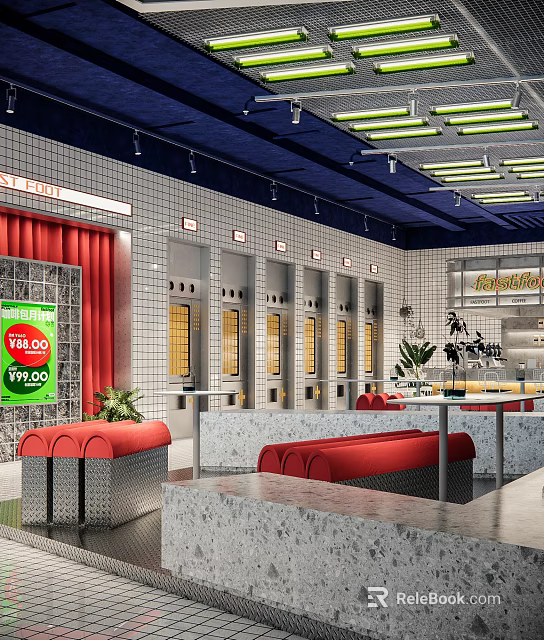 Modern Bubble Tea Shop Interior Design With Red Seats Green Sign And Metal Equipment 3d model 