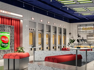 Modern Bubble Tea Shop Interior Design With Red Seats Green Sign And Metal Equipment 3d model