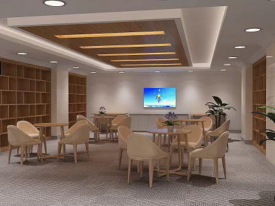 Cozy Relaxation Area Interior With Wooden Bookshelves Tables Chairs TV And Plants 3d model