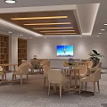 Cozy Relaxation Area Interior With Wooden Bookshelves Tables Chairs TV And Plants