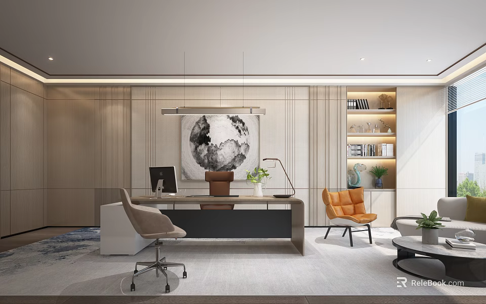 Modern Office Interior Design With Wooden Desk Orange Chair World Map Artwork And Green Plants 3d model 