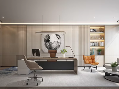 Modern Office Interior Design With Wooden Desk Orange Chair World Map Artwork And Green Plants 3d model
