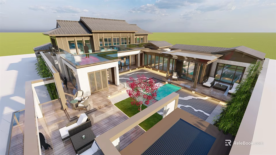 Detached Villa With Traditional Roof Open Courtyard Swimming Pool Terrace And Red Flower Tree 3d model 