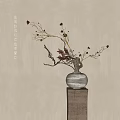 Celadon Vase with Dried Branches and Red Berries Standing by Window on Wooden Stump