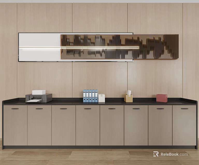 Modern Entryway Console Cabinet Light Gray With Black Countertop Documents Printer Decorations And Drawers 3d model