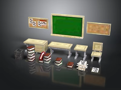 Classroom Scene Components With Green Blackboard Bulletin Board Desks Chairs Books And Cabinet 3d model