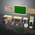 Classroom Scene Components With Green Blackboard Bulletin Board Desks Chairs Books And Cabinet