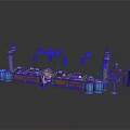 Detailed Building Model Interior With Wooden Counter Chairs Blue Decorations And Flower Stand
