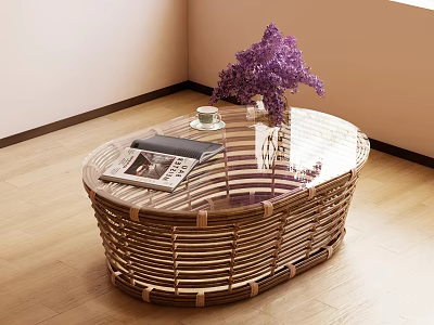 Oval Rattan Coffee Table With Magazine Small Cup And Purple Flowers In Living Room 3d model
