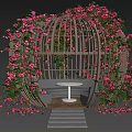 Vines Cover Cage Like Seating Area With Pink Blooms And Table