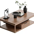 Modern Minimalist Wooden Coffee Table with Black Vase Green Plant Magazine and Drawer Storage