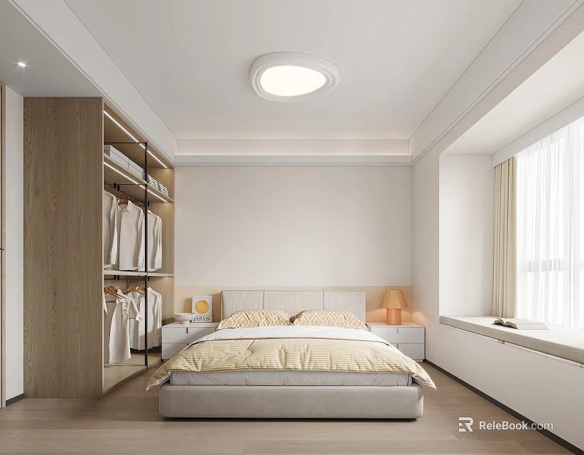 Minimalist Modern Bedroom Interior With Bed Bedside Tables Lamp Wardrobe And Curtains 3d model 