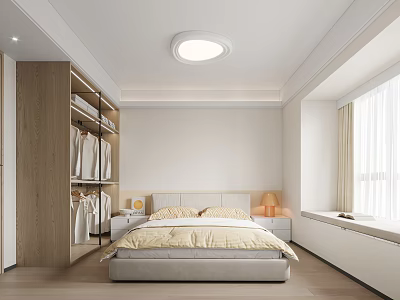 Minimalist Modern Bedroom Interior With Bed Bedside Tables Lamp Wardrobe And Curtains 3d model