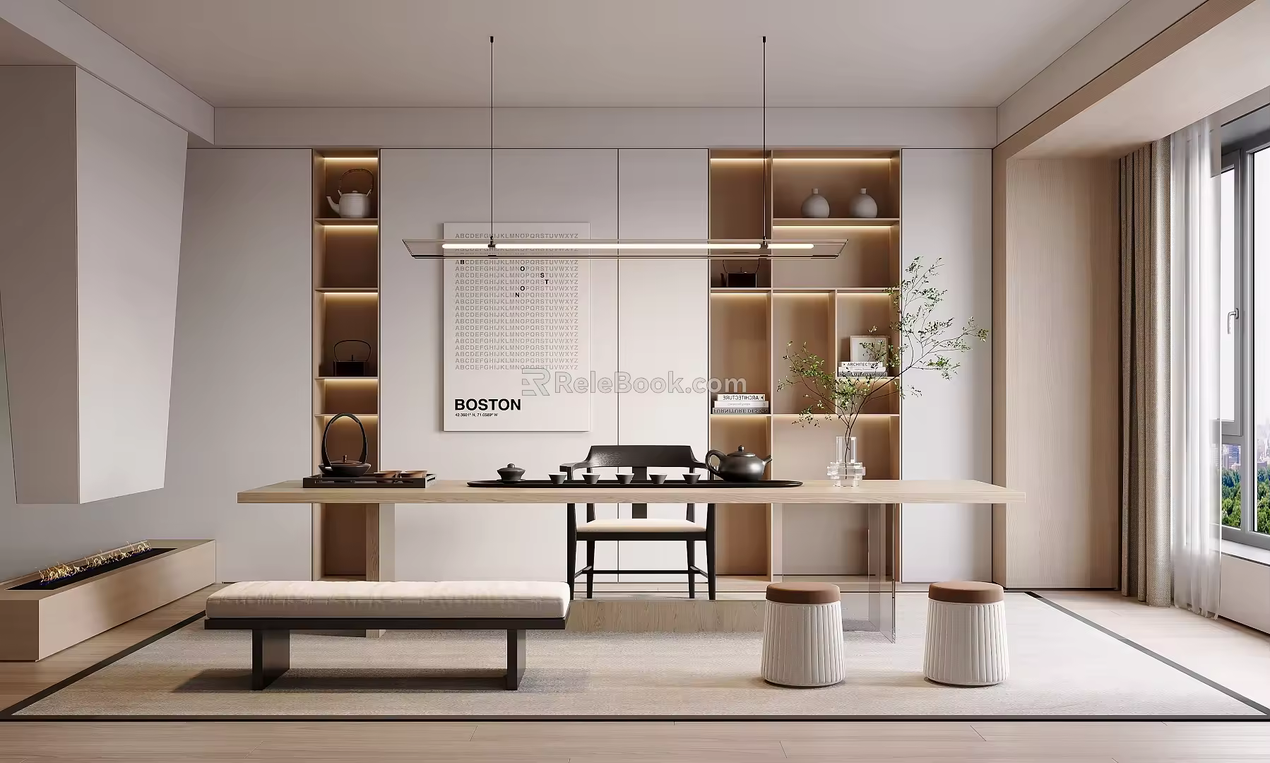 Tea Room Tea Table Tea Set Low Stool Bench Plant Book Teapot Single Chair Landscape 3d model