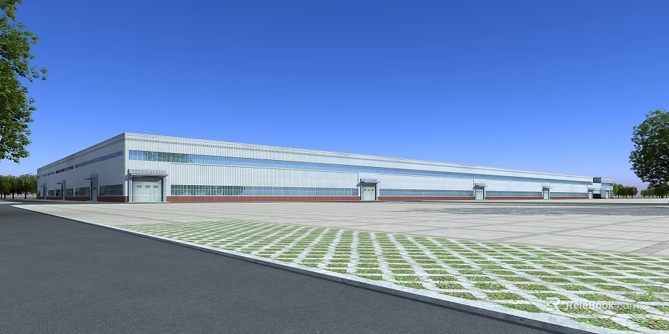 Modern Industrial Factory Building With Large Glass Windows And Spacious Front Plaza Checkerboard Ground 3d model 