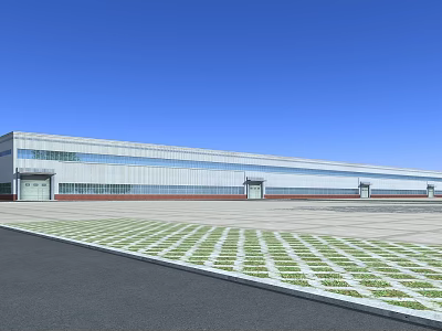 Modern Industrial Factory Building With Large Glass Windows And Spacious Front Plaza Checkerboard Ground 3d model
