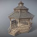 Traditional Wooden Gazebo With Intricate Carved Railings Staircase And Multi Tiered Roof Design