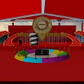 Grand Red Ceremony Scene With Golden Emblem Colorful Stage And Lantern Decorations