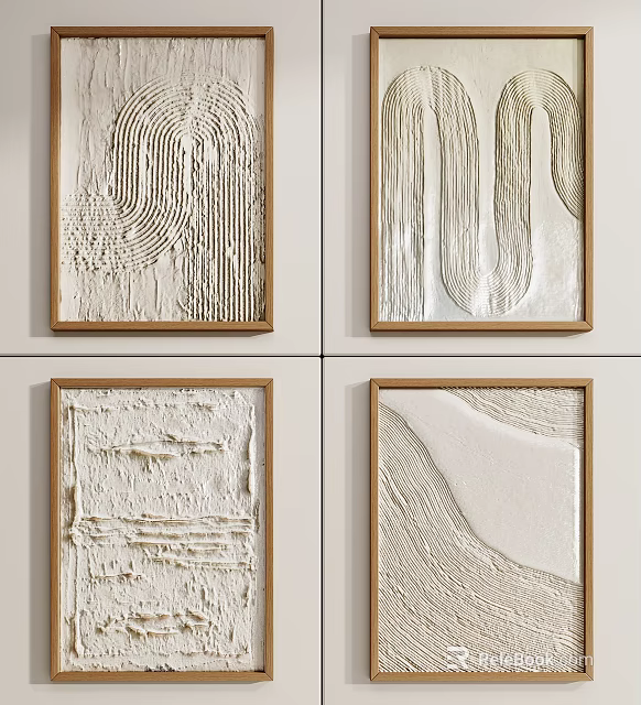 Abstract Textured Wall Art With Wooden Frames And White Plaster Patterns 3d model