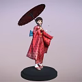 Japanese Geisha Figurine In Red Kimono Holding Umbrella With Falling Cherry Petals