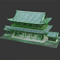 Cartoon Scene of Traditional Chinese Two Story Building With Blue Roof Eaves Columns Pedestal and Reflection