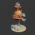 Cartoon Character With Fish Creature Lightbulb Head Orange Body Blue Fins Sharp Teeth Sand Base