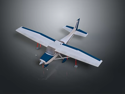 Small Blue And White Model Airplane With Biplane Wings Red Landing Gear Dark Background 3d model