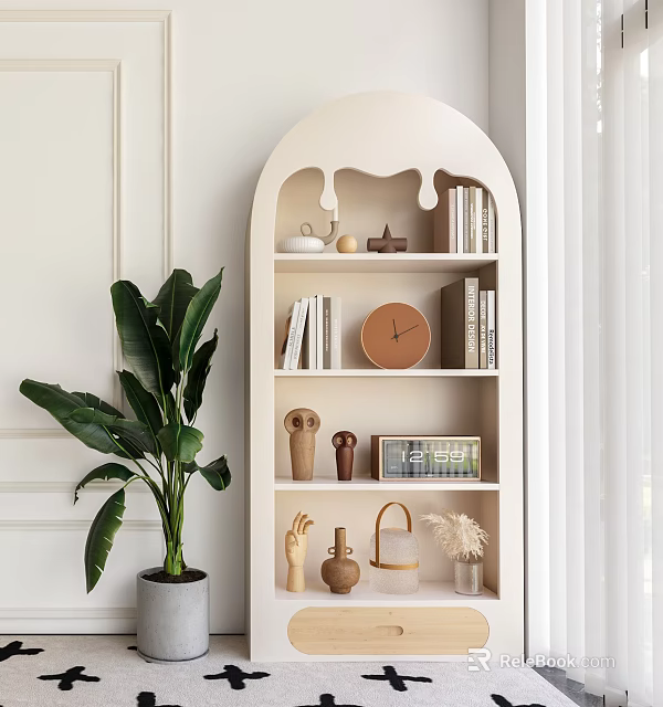 White Arched Storage Shelf With Books Decorative Items Clock And Green Plant 3d model 